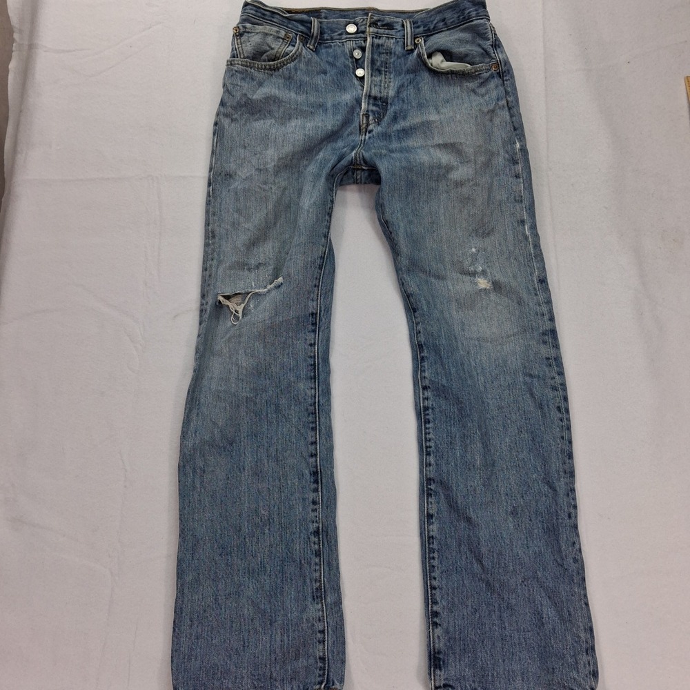 Levi's Jeans Mens 32x32 501 Straight Fit Blue Distressed Ripped Cotton
